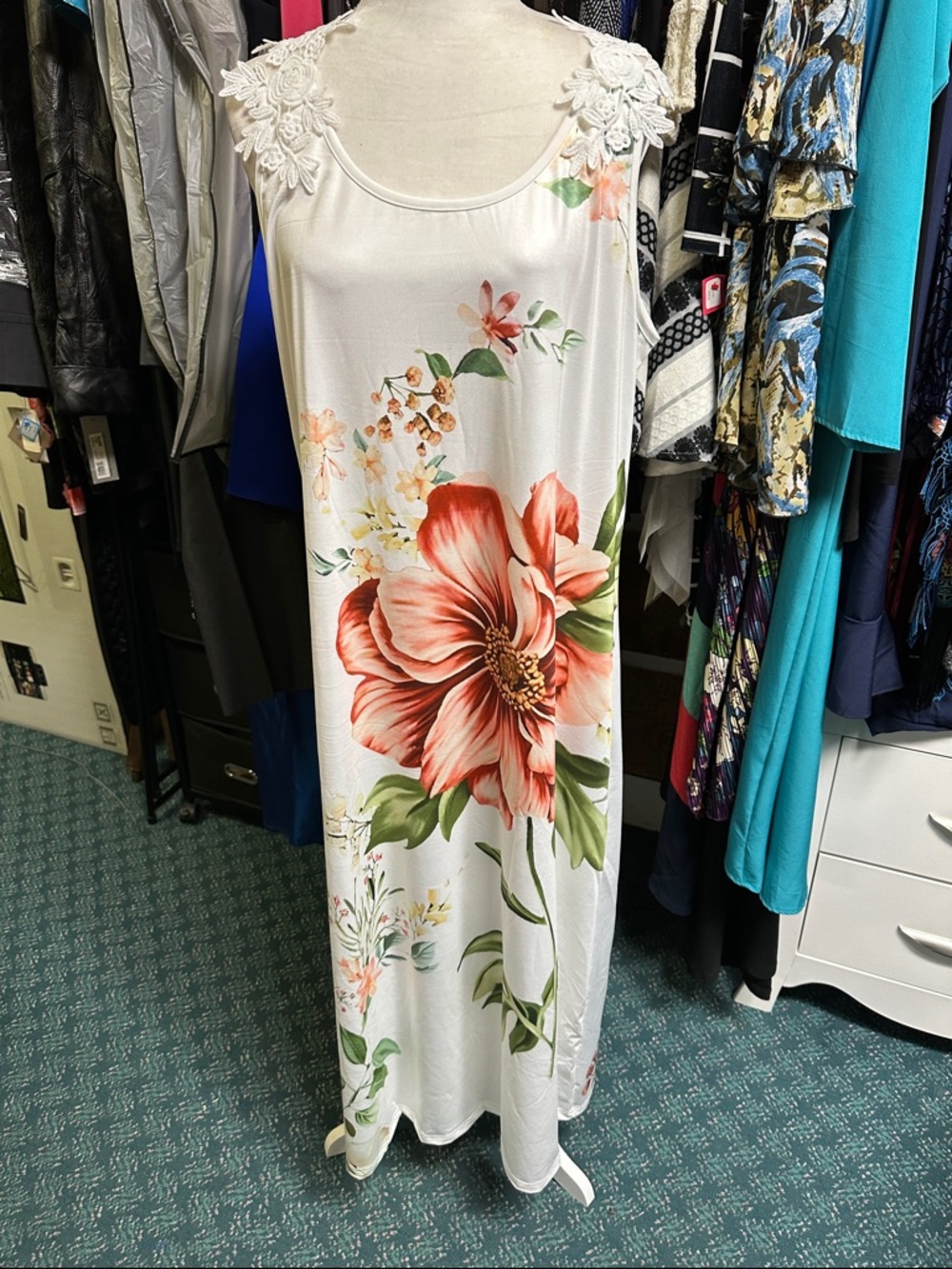 Floral White Maxi Dress with Coral Bloom